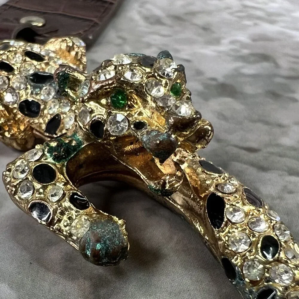 VTG Panther Leopard Keychain Clasp Gold Tone Crystal Rhinestones Enamel